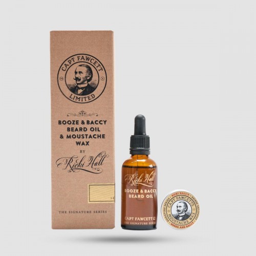 Captain Fawcett Ricki Hall Booze & Baccy Beard Oil & Moustache Wax Set