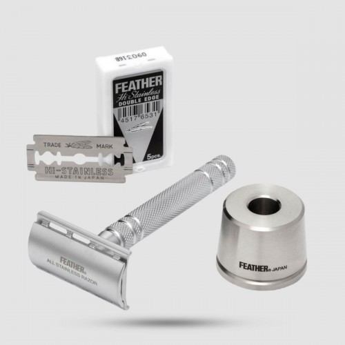 Feather AS-D2S Double Edge Safety Razor - Stainless steel safety razor with stand