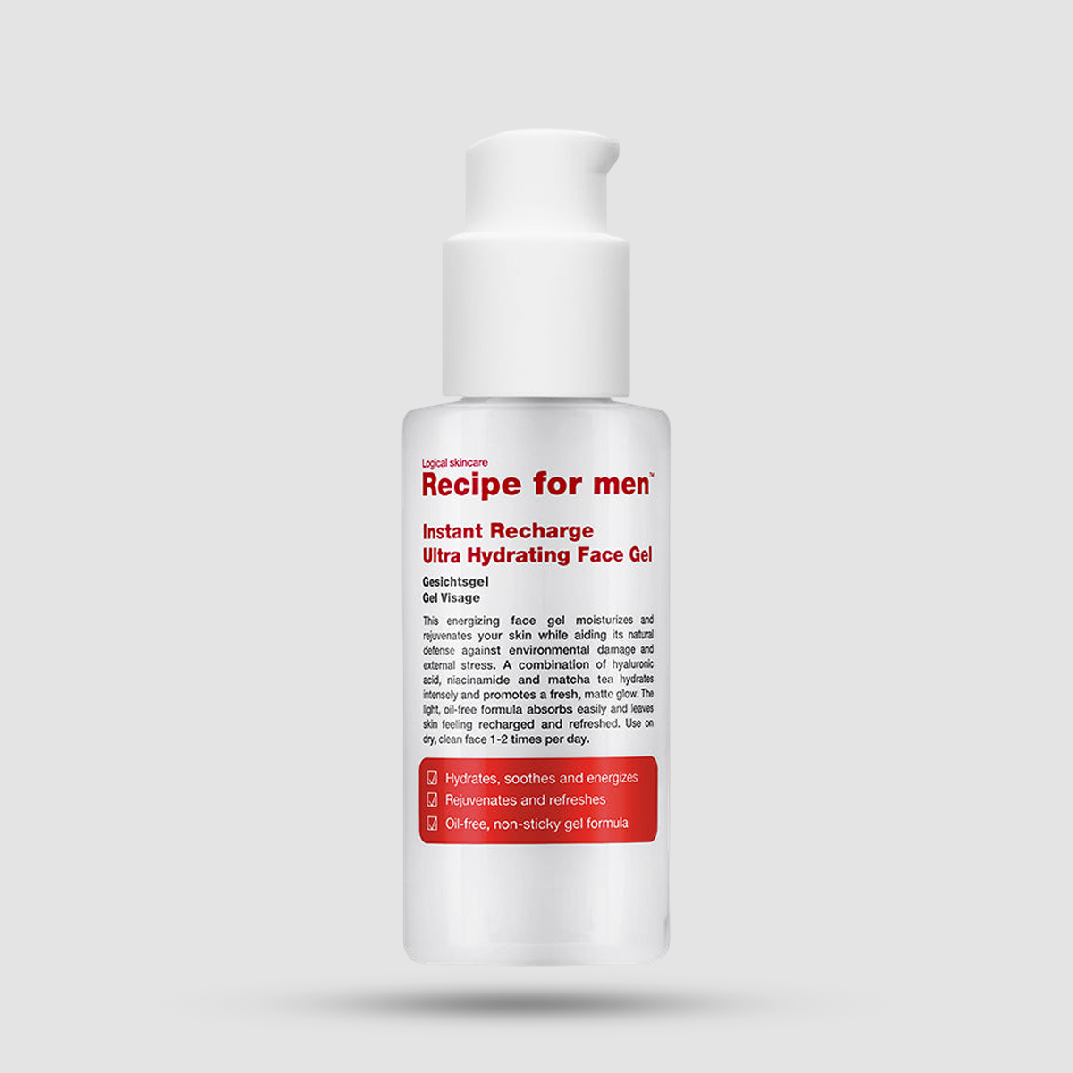 Recipe For Men Instant Recharge Ultra Hydrating Face Gel 75ml - Ενυδατικό gel προσώπου χωρίς λάδια