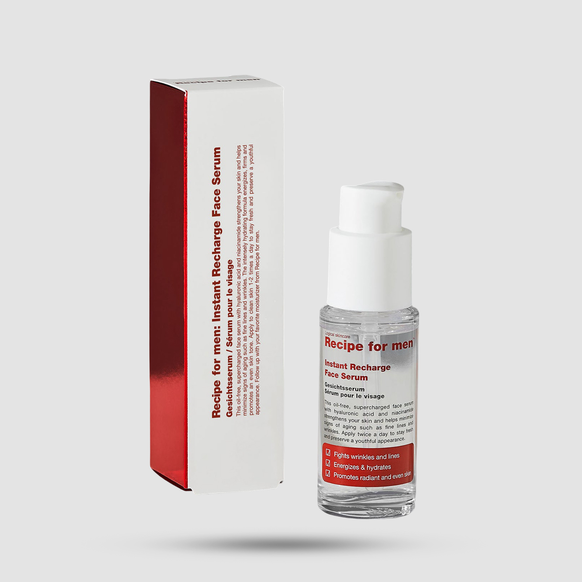 Recipe For Men Instant Recharge Face Serum 30ml - Swedish anti-aging serum with hyaluronic acid